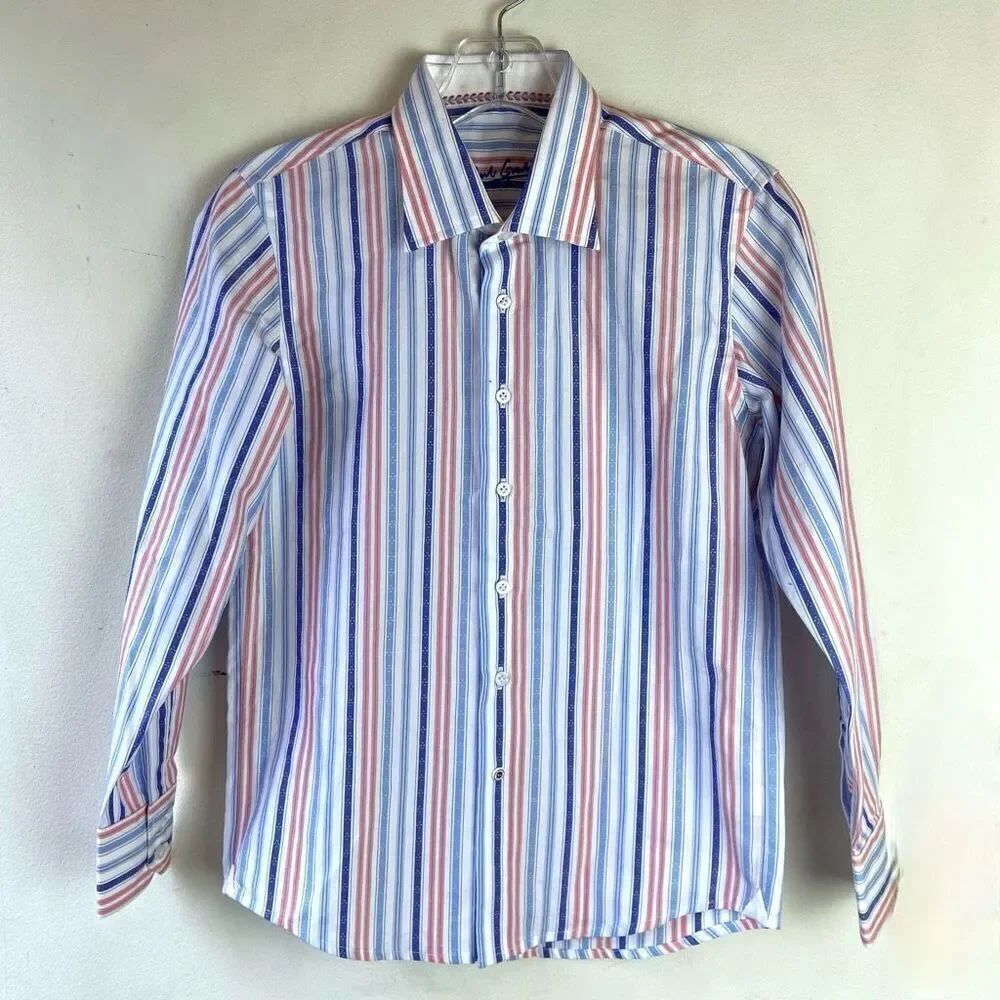 Boys Youth 100% Cotton White Blue and Salmon Button-Up Dress Sport Shirt